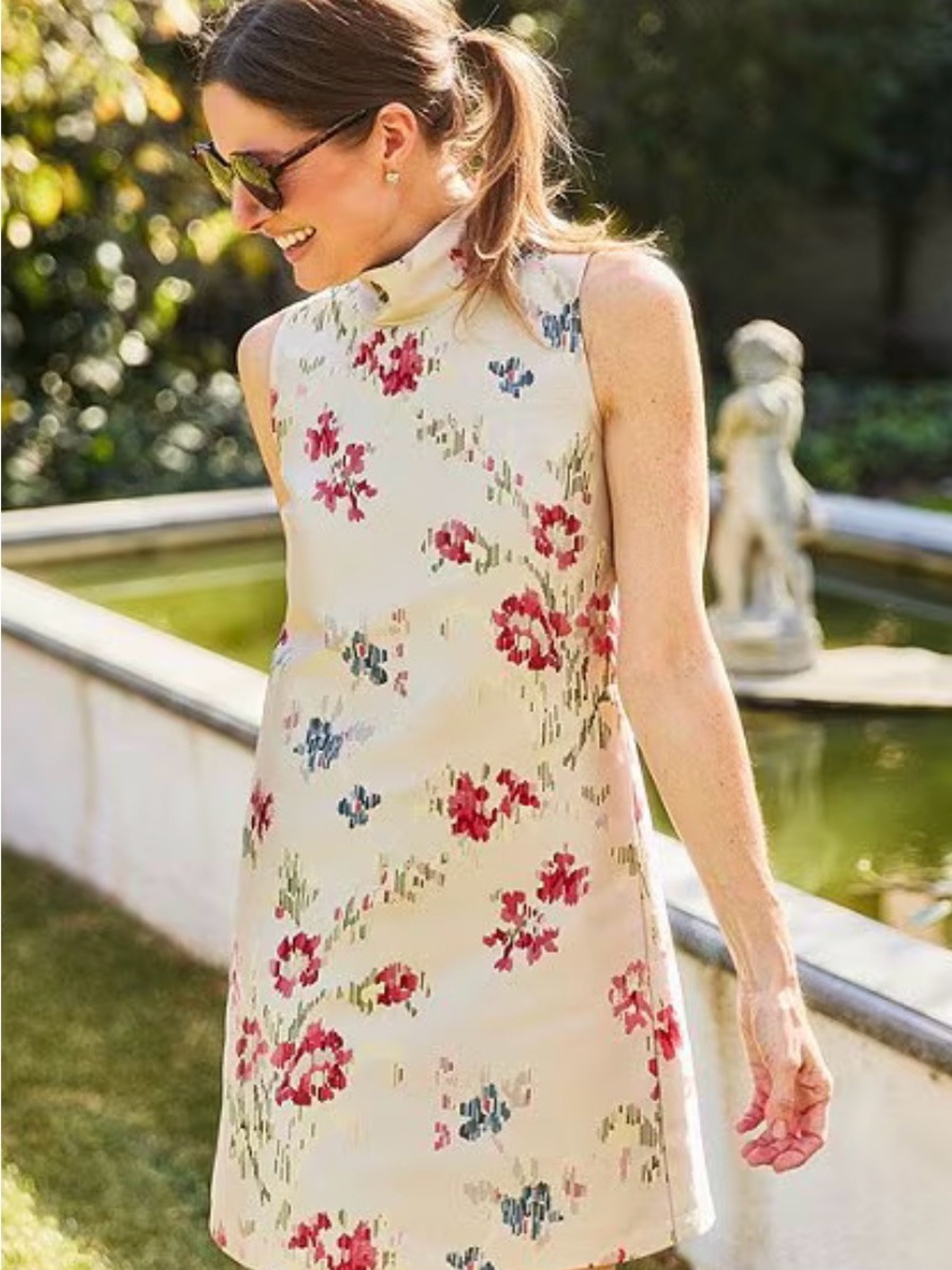 Sleeveless Floral High-Neck Mini Dress - Cream with Pink & Blue Accents